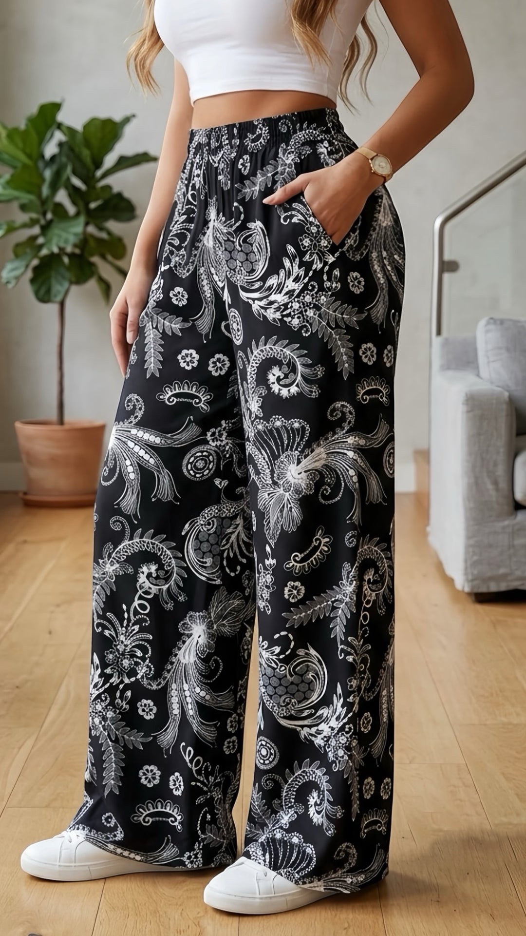 Women’s  Elastic Waist Retro Print Loose Wide Leg Polyester Pants