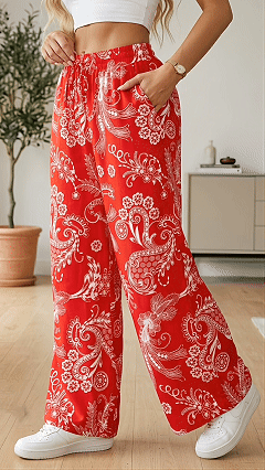Women’s  Elastic Waist Retro Print Loose Wide Leg Polyester Pants