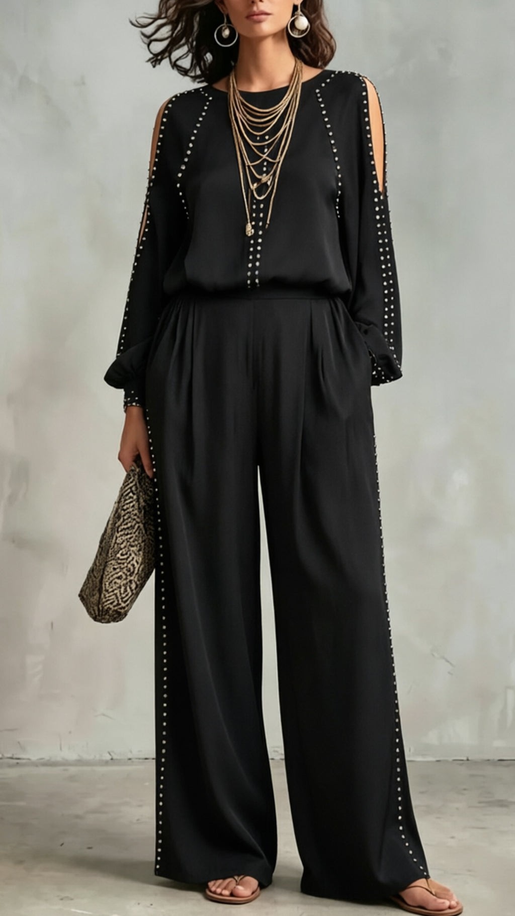 Women’s Cold-Shoulder Studded Top & Wide-Leg Pants Cotton Blend Set