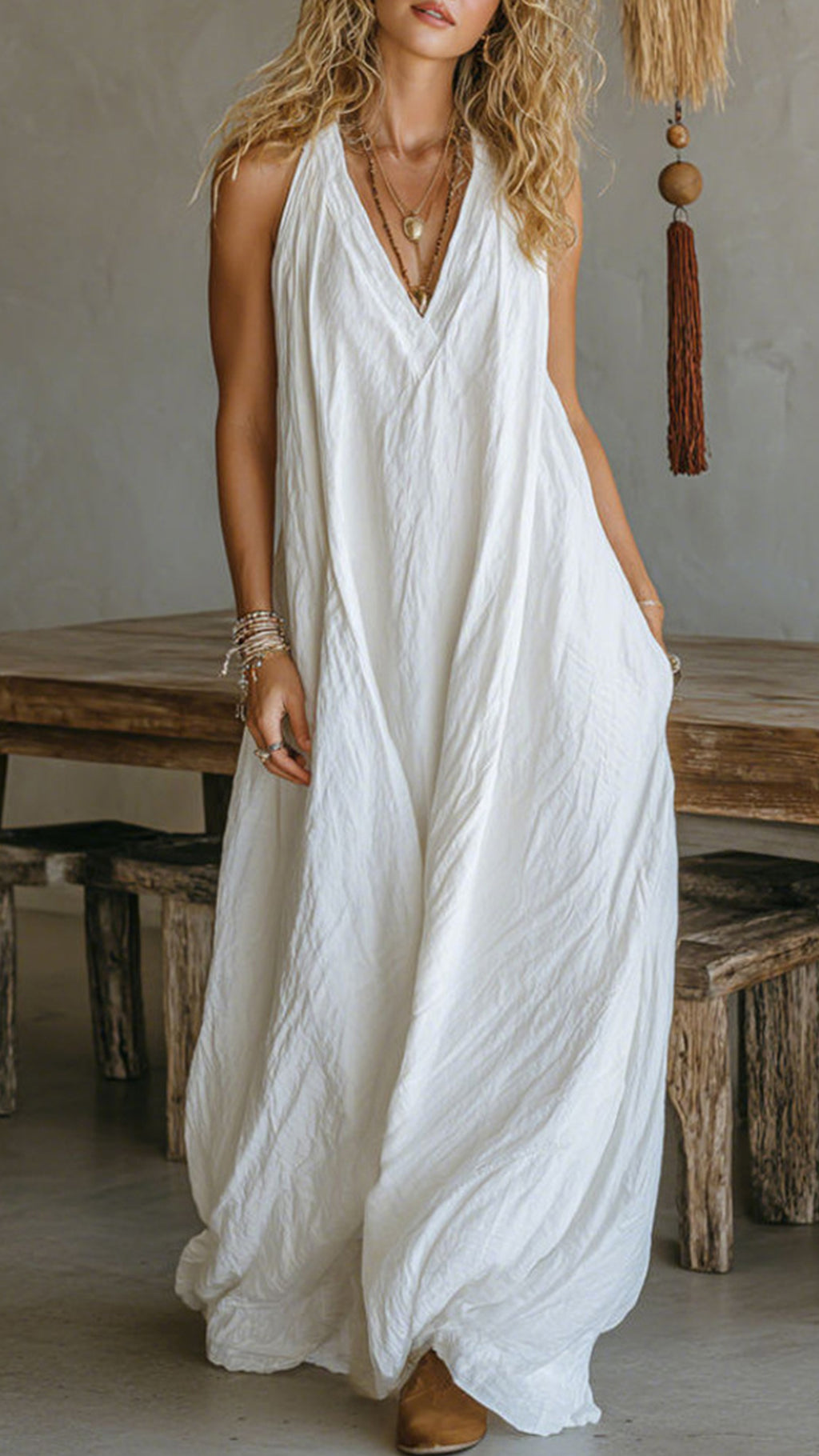 Women’s Halter V-Neck Linen-Blend Maxi Dress