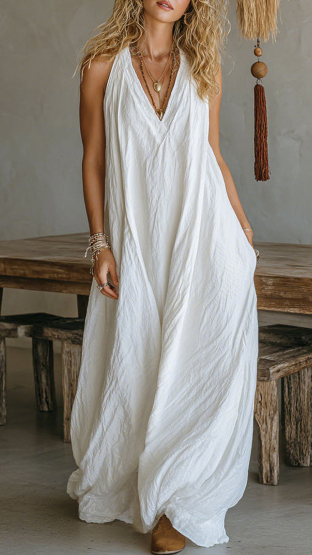 Women’s Halter V-Neck Linen-Blend Maxi Dress