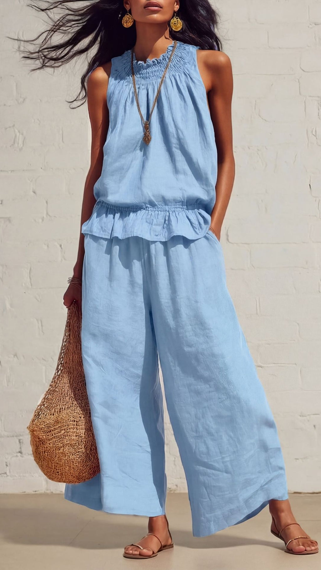 Women’s Vintage Bohemian Ruffled Cotton-Linen Two-Piece Set