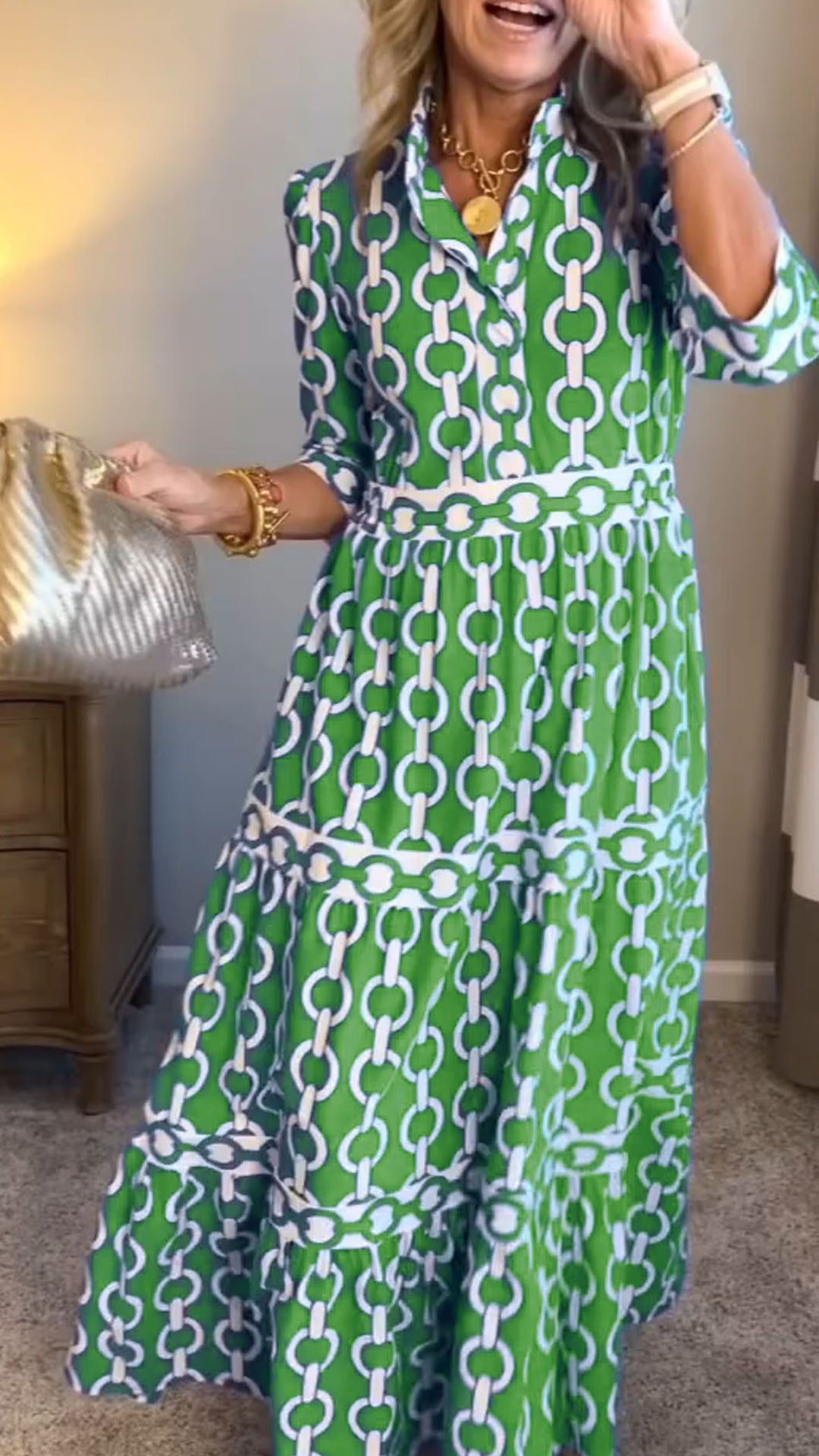 Women’s  Casual Vacation Style – Chain Print Shirt Dress