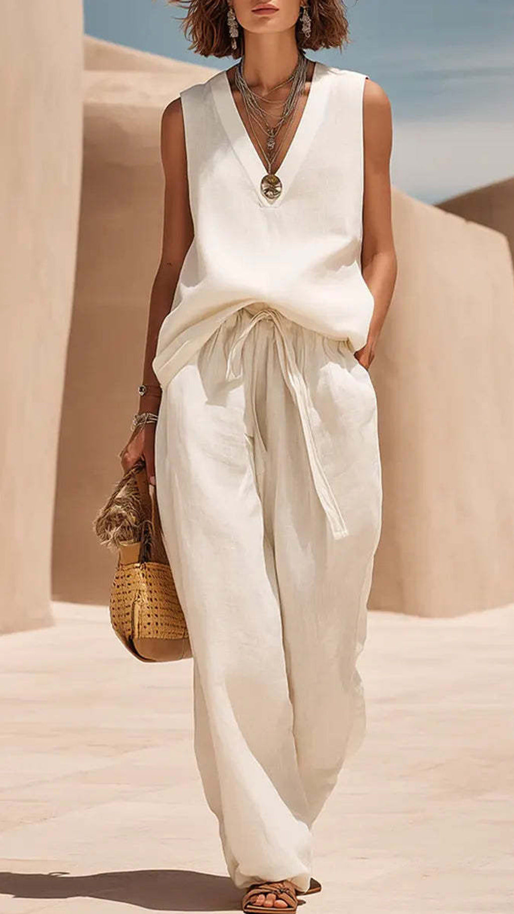 Women’s V-Neck Sleeveless Linen-Blend Set