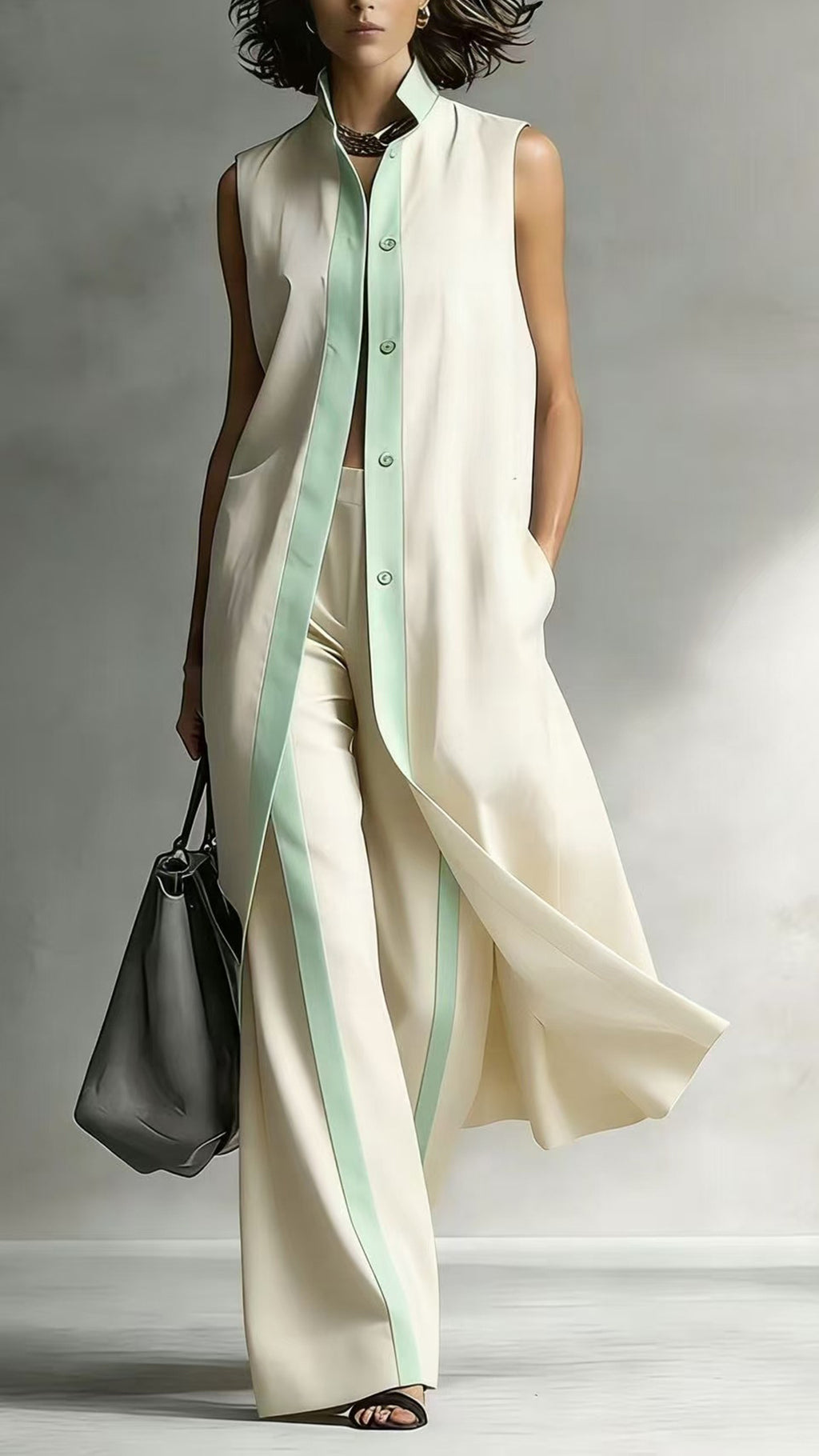 Women’s Color-Blocked Sleeveless Long Shirt & Wide-Leg Pants Set