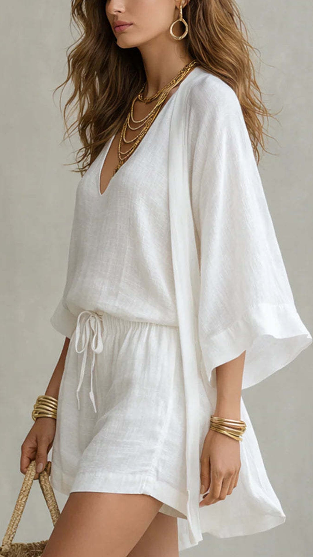 Women’s  Linen-Blend Three-Piece Set (Kimono + Tank + Shorts)