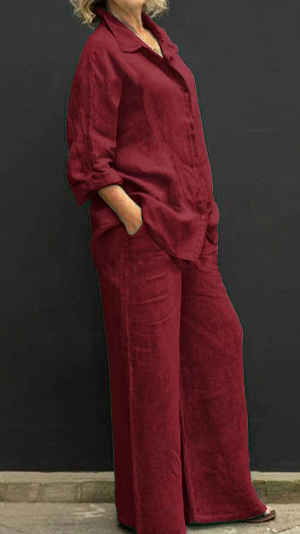 Women’s Linen Lapel Shirt & Wide-Leg Pants Two-Piece Set
