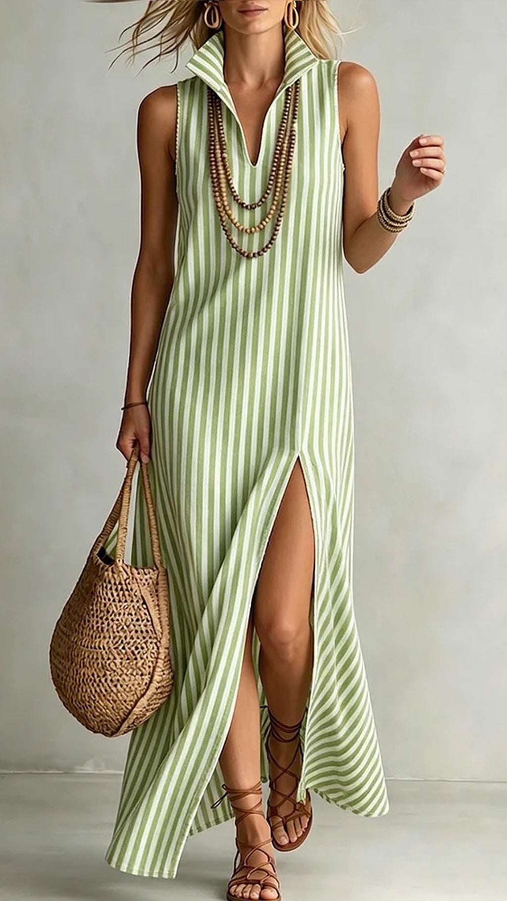 Women’s Striped Sleeveless Shirt Collar Dress