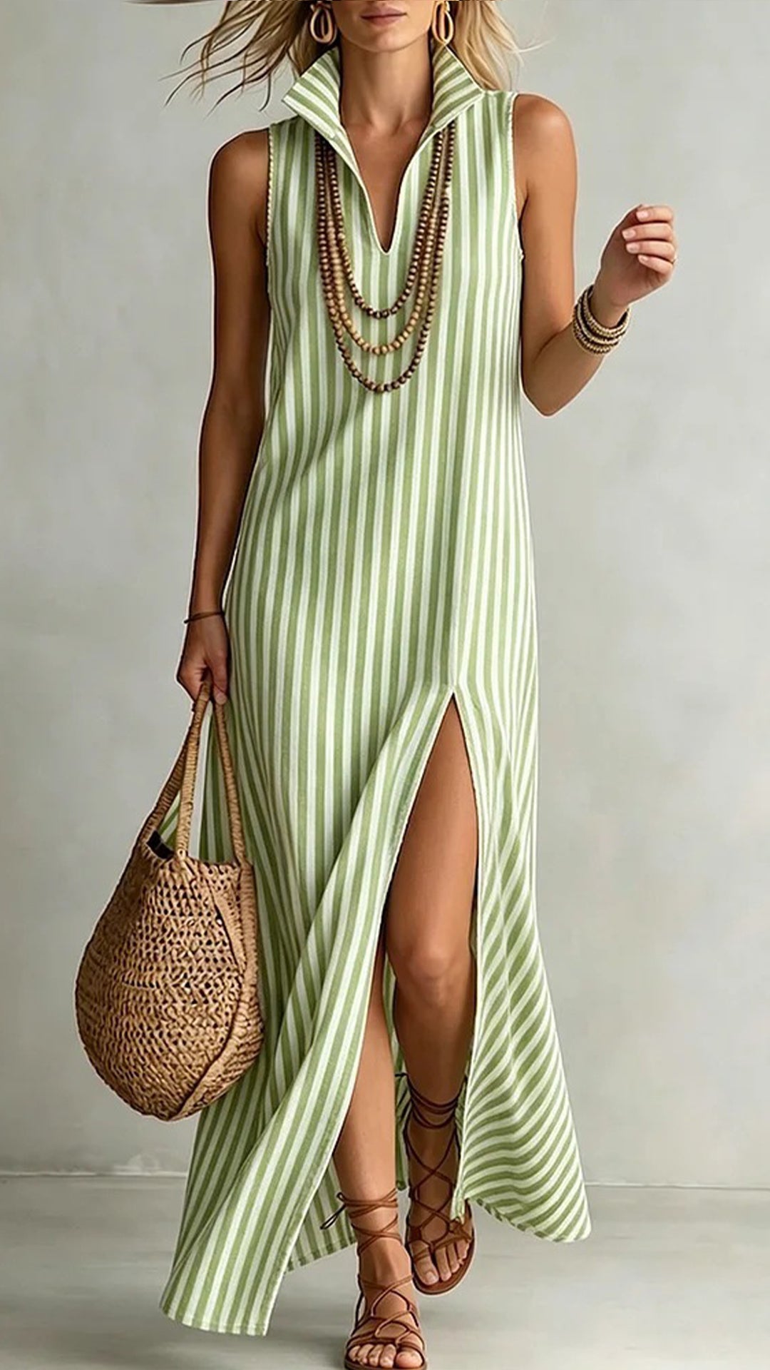 Women’s Striped Sleeveless Shirt Collar Dress