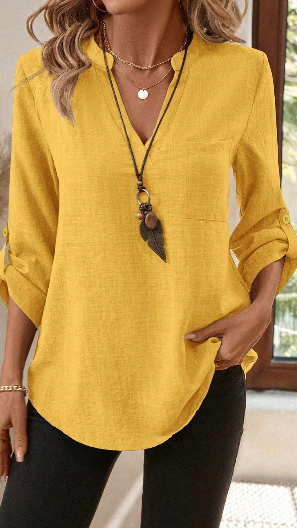 Women’s Army Green Linen-Blend Henley Shirt