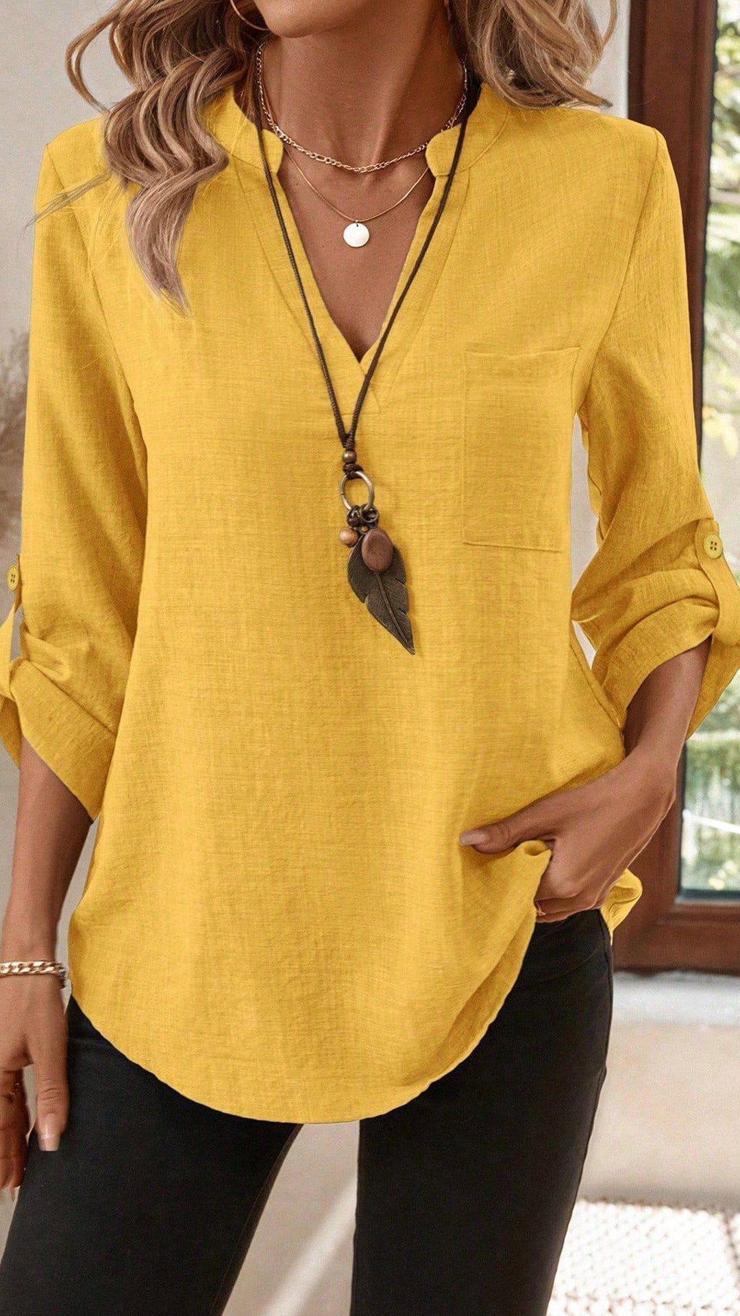 Women’s Army Green Linen-Blend Henley Shirt