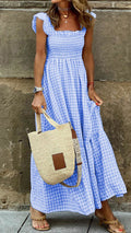 Women’s  Beige Gingham Linen-Blend Maxi Dress