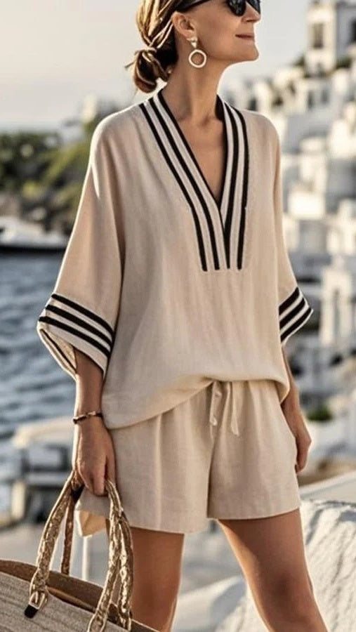 Women’s V-Neck Striped Loose-Fit Casual Two-Piece Set