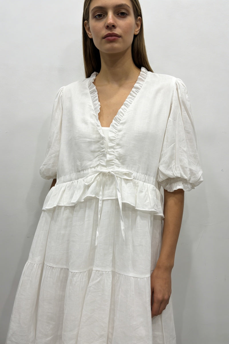 Women’s V-Neck Ruffle-Trim Puff-Sleeve Drawstring Dress