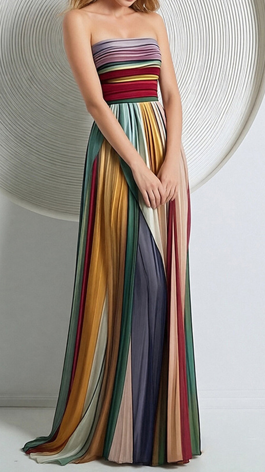 Women’s Strapless Rainbow Stripe Cotton-Blend Maxi Dress