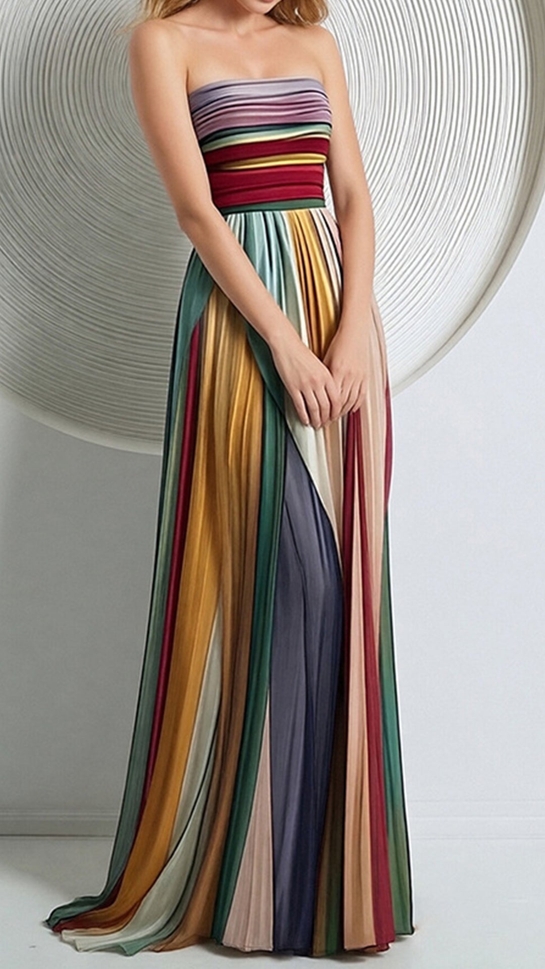 Women’s Strapless Rainbow Stripe Cotton-Blend Maxi Dress