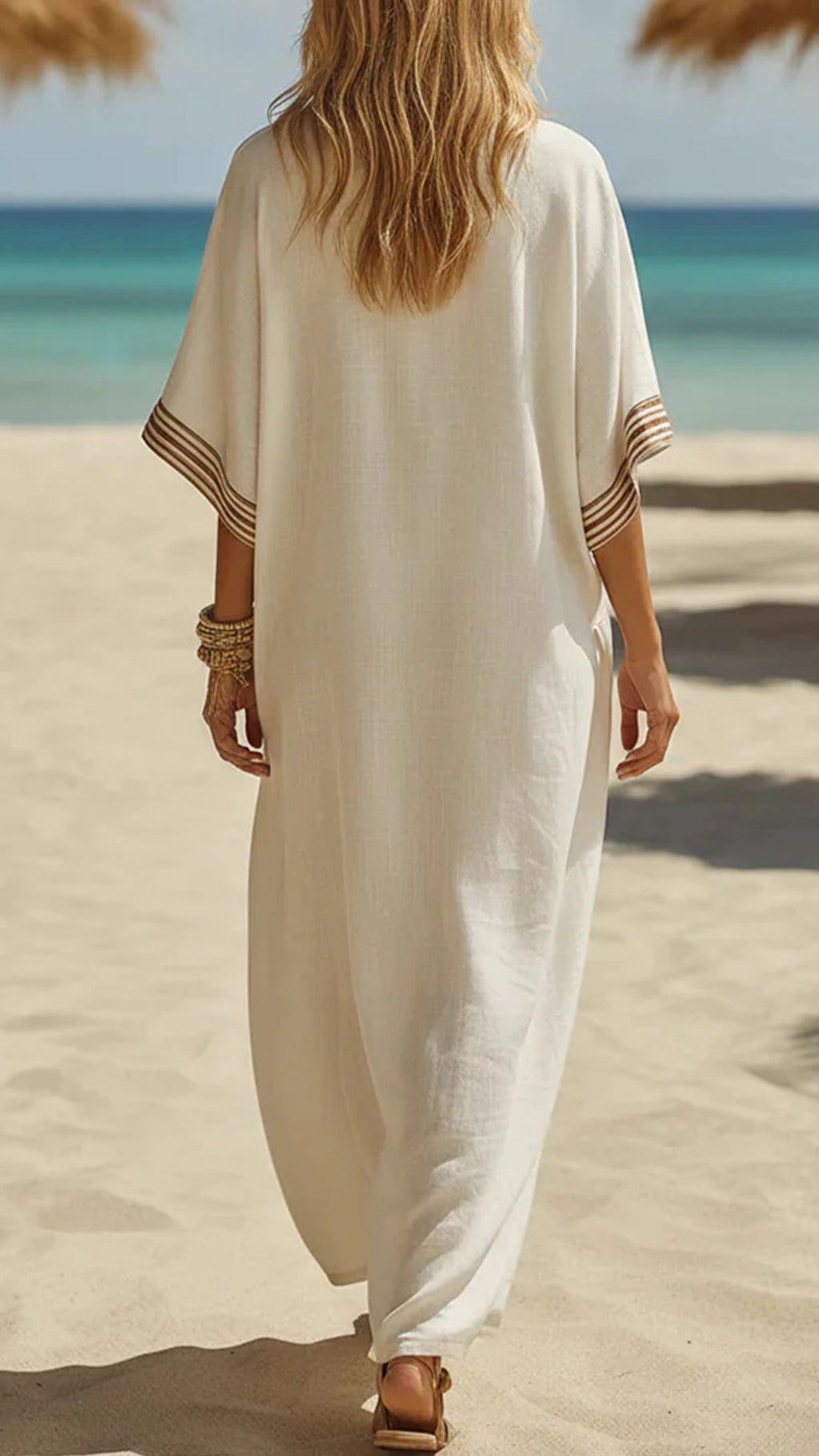 Women’s Striped Trim Cotton-Blend Kaftan Dress