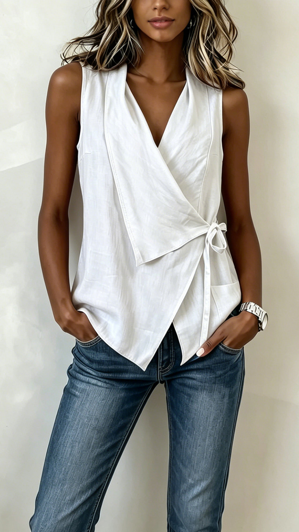 Women’s Wrap-Front Tie Cotton-Blend Sleeveless Top