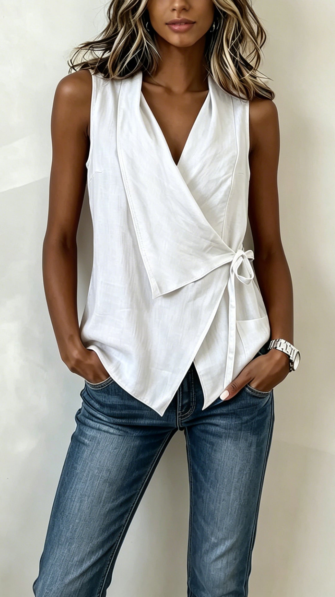 Women’s Wrap-Front Tie Cotton-Blend Sleeveless Top