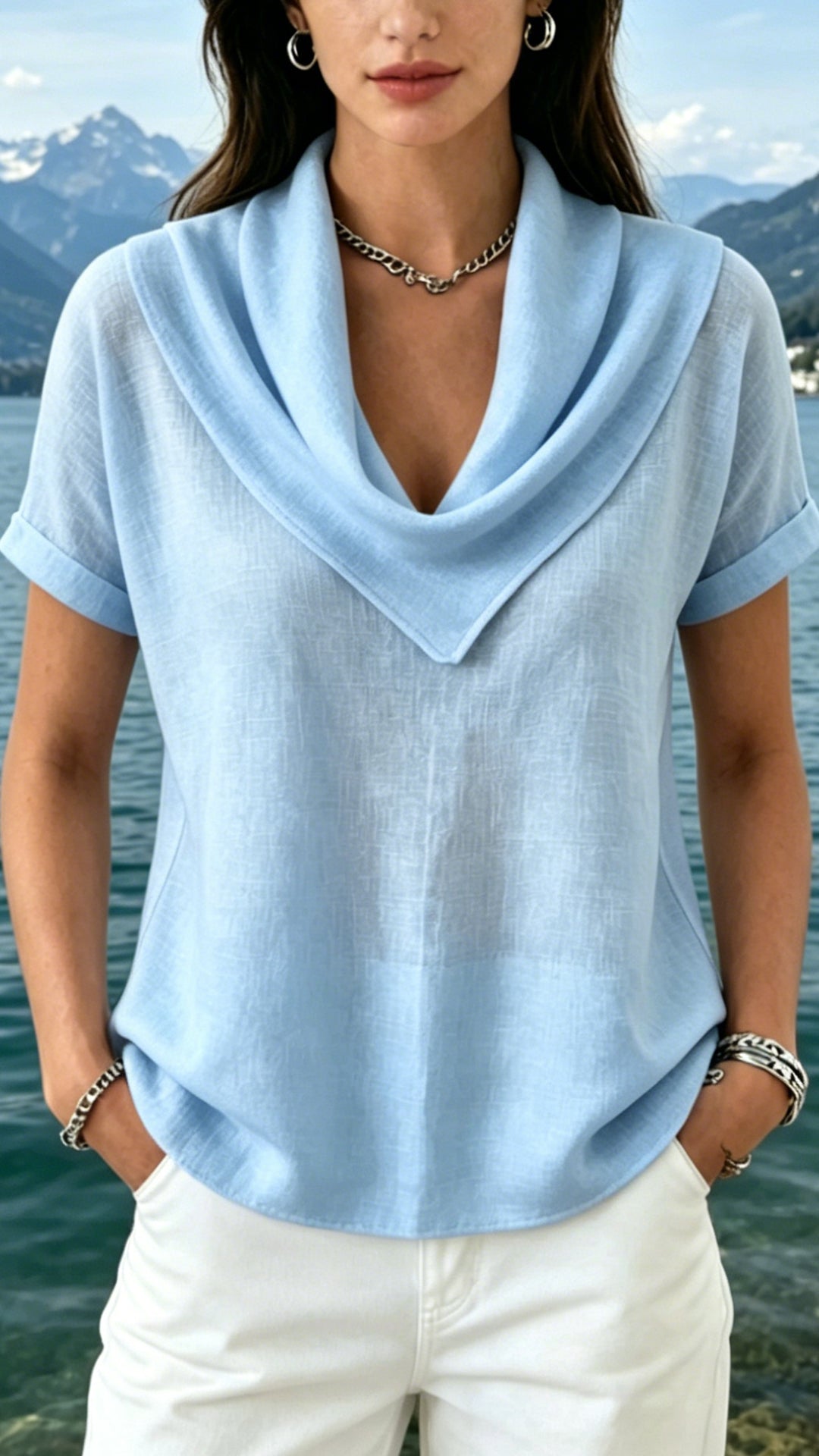 Women’s Cowl Neck Cotton-Linen Short-Sleeve Top