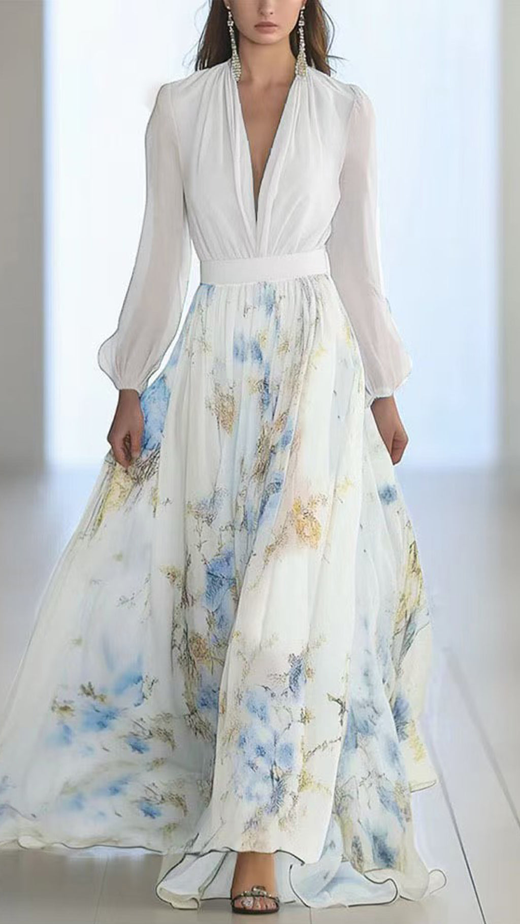 Women’s Floral Print Cotton-Blend Deep V-Neck Maxi Dress