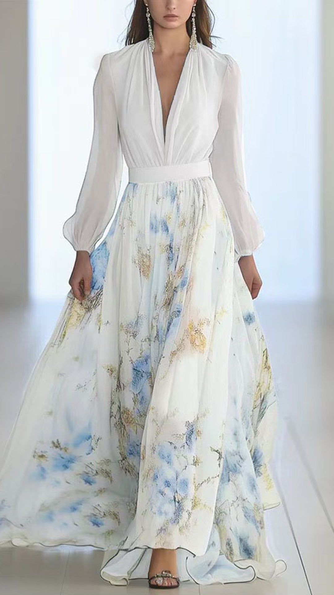 Women’s Floral Print Cotton-Blend Deep V-Neck Maxi Dress
