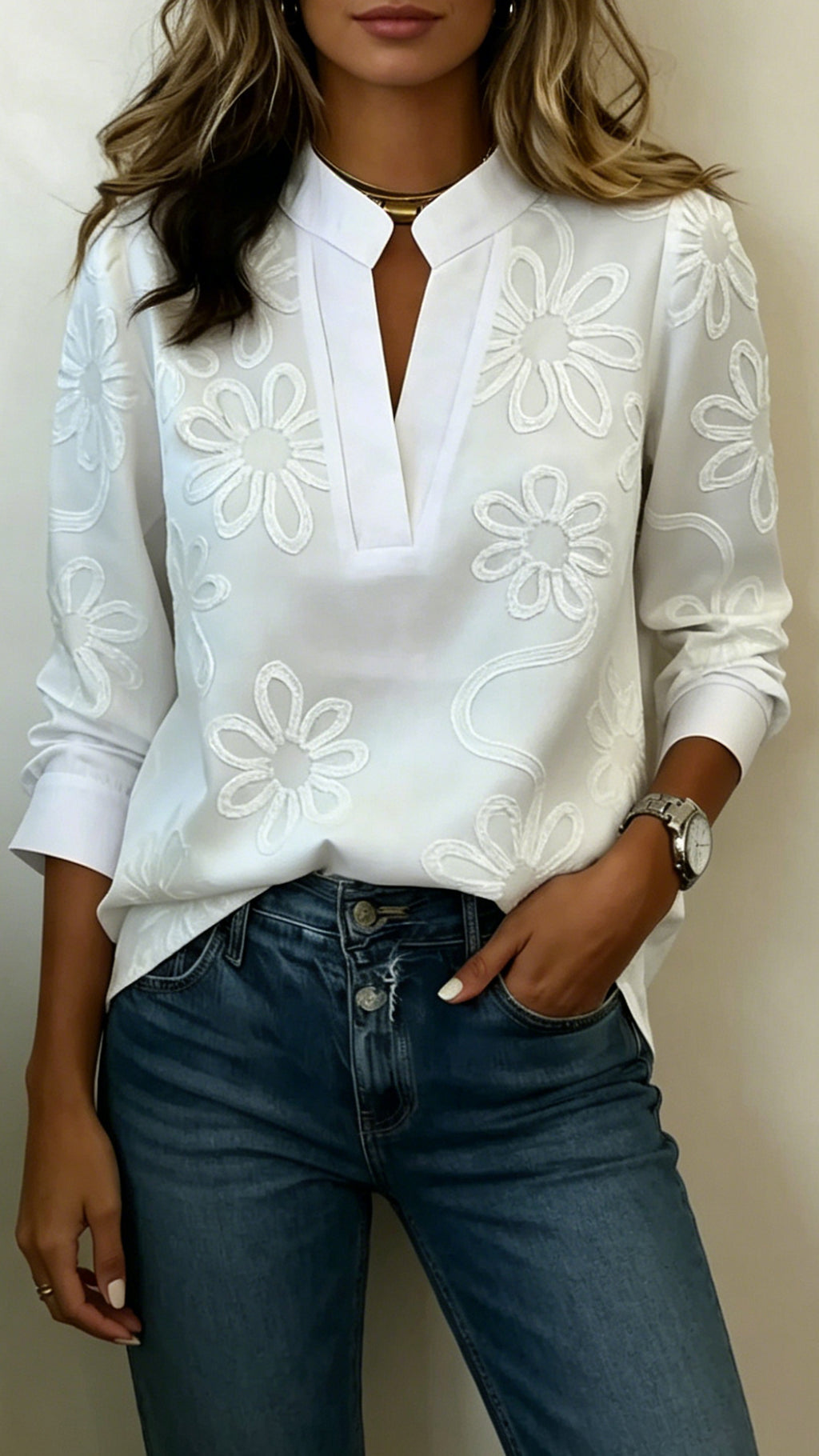 Women’s Floral Print Cotton-Blend Stand Collar Blouse