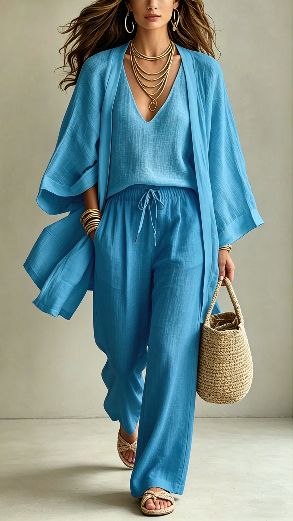 Women’s  Linen-Blend Three-Piece Set(Kimono + Tank + Pants)