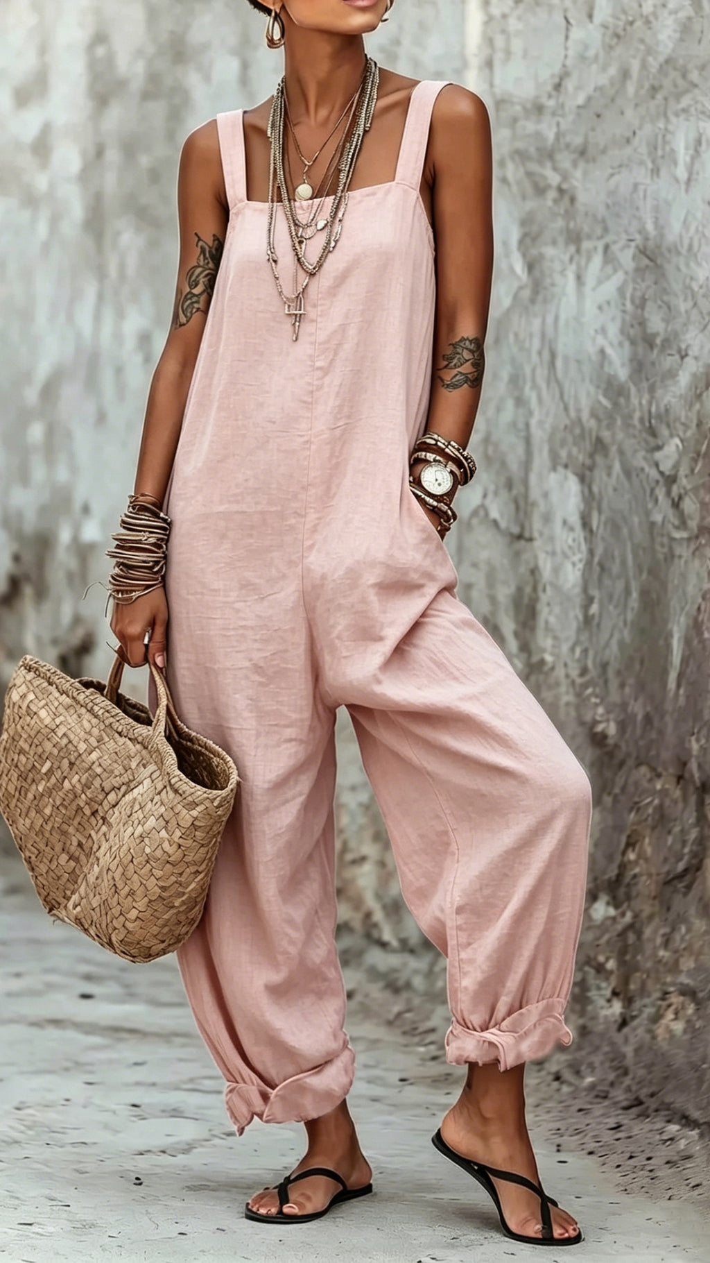 Women’s Minimalist Striped Loose-Fit Square-Neck Sleeveless Jumpsuit