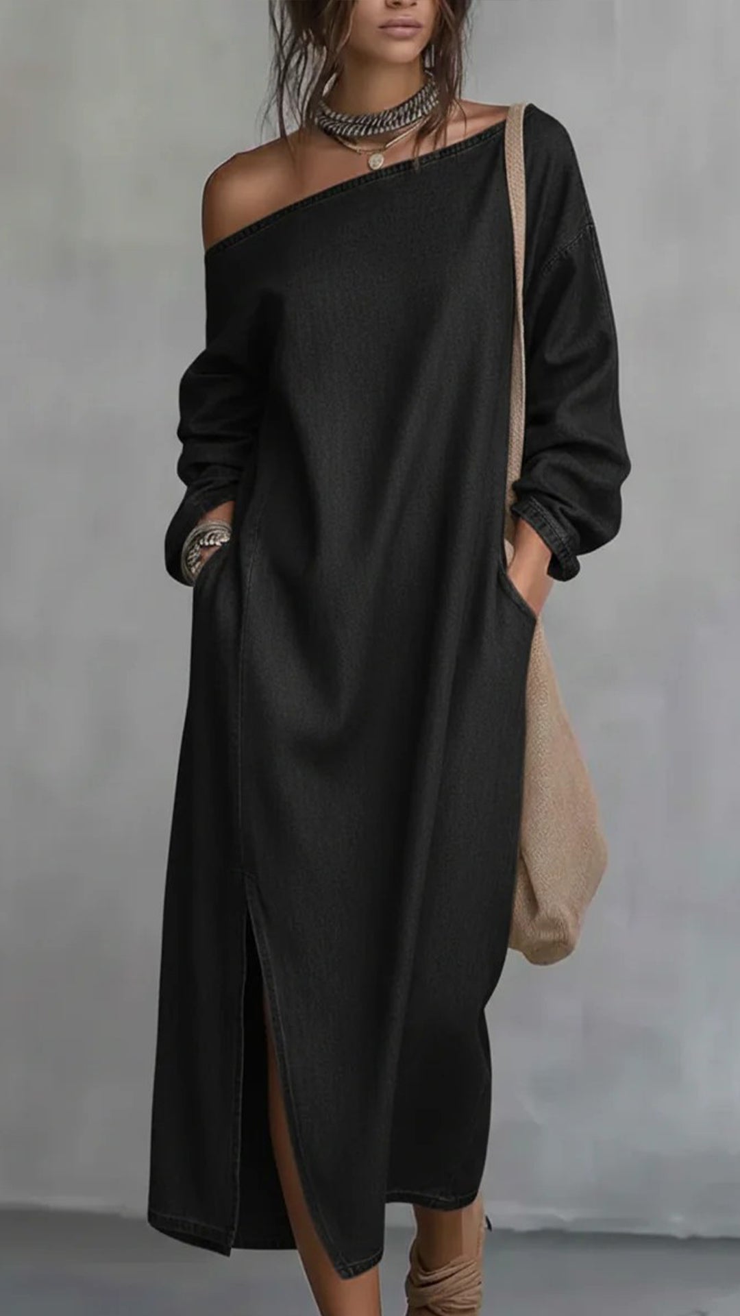 Women’s Denim Off-the-Shoulder Long-Sleeve Dress