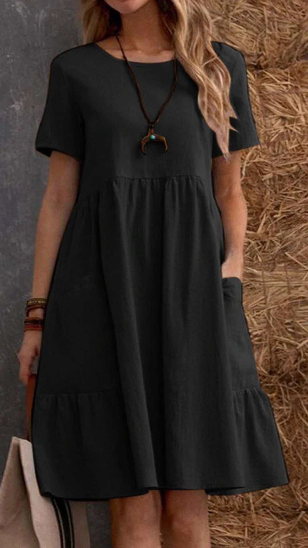Women’s Cotton-Linen Round Neck Ruffle Hem Dress