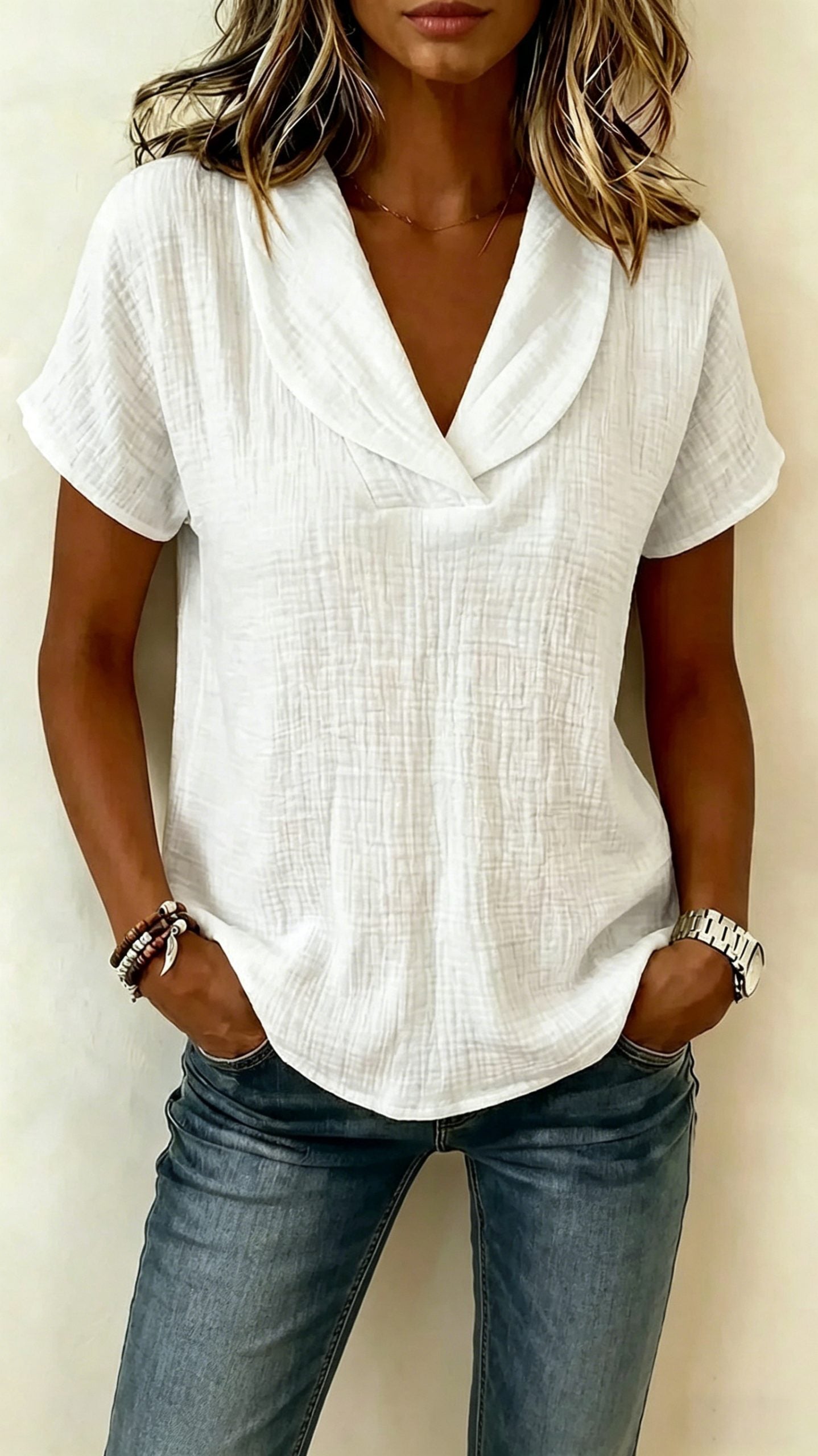 Women’s Short-Sleeve Crepe V-Neck Casual Fashion T-Shirt