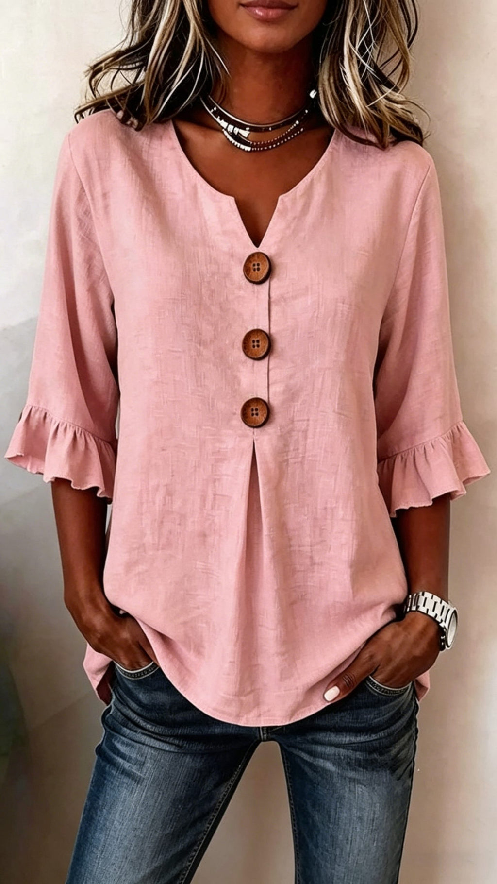 Women’s V-Neck Cotton-Linen Button-Up Top