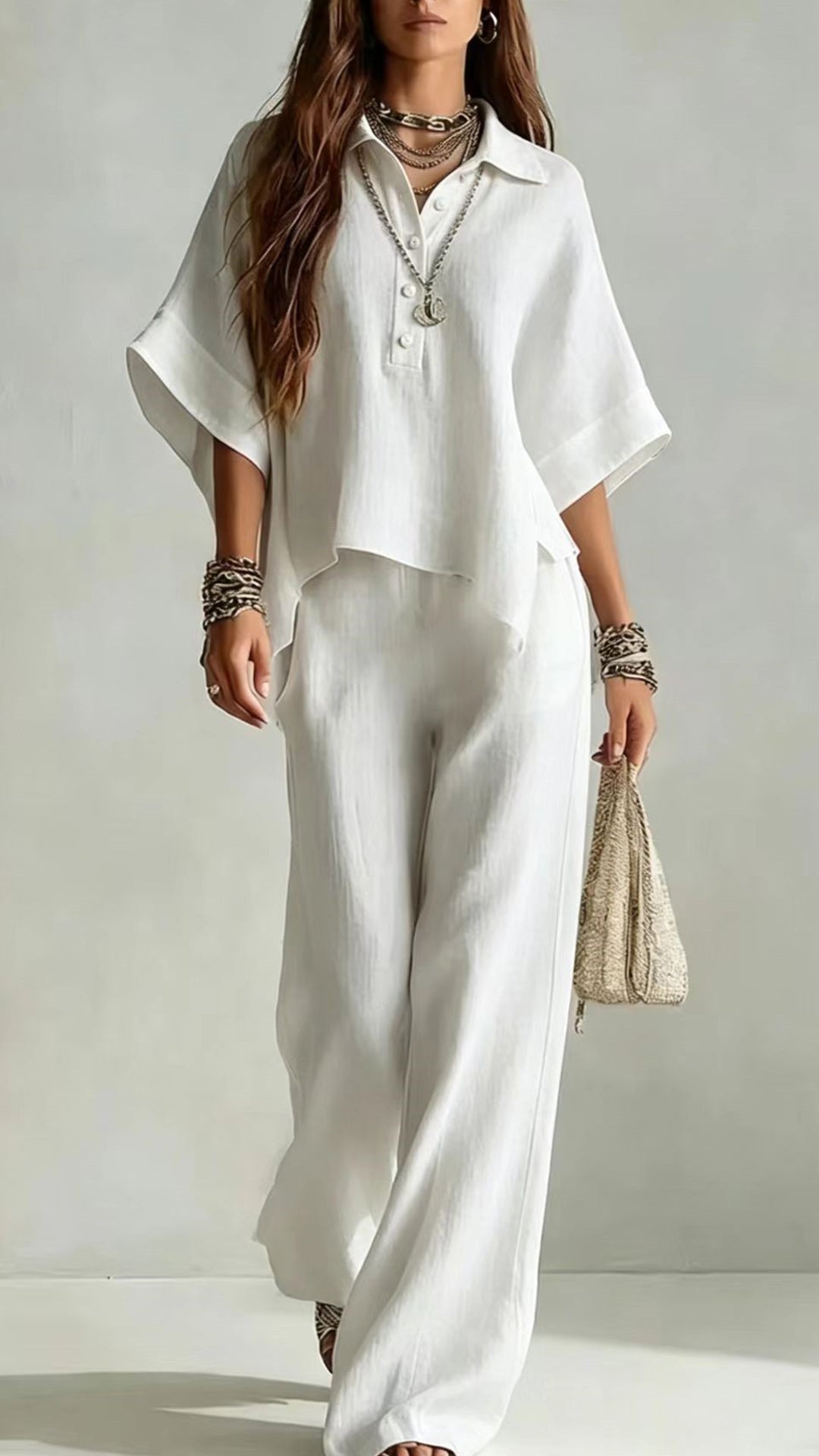 Women’s Cotton-Blend Henley Neck Wide-Leg Pants Set