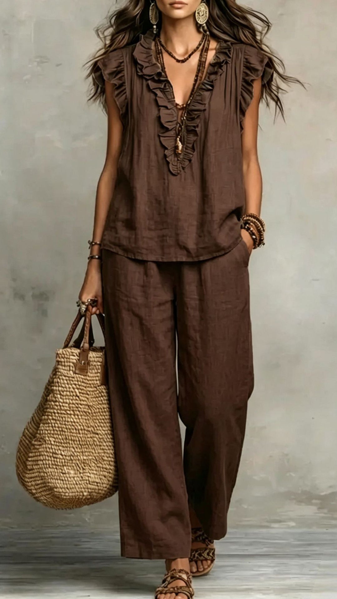 Women’s Cotton-Blend Ruffle V-Neck & Wide-Leg Pants Set
