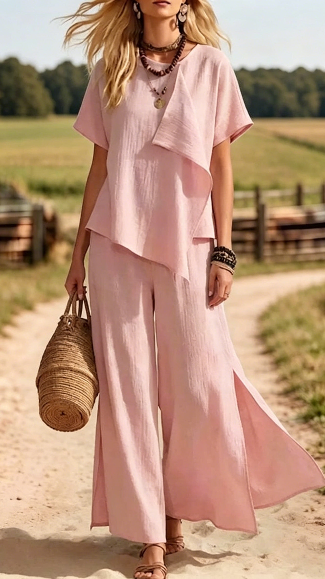 Women’s Stylish Casual Set: Irregular Short-Sleeve Top & Slit Wide-Leg Pants