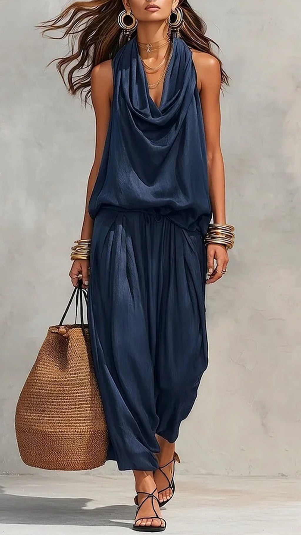Women’s Cotton-Blend Cowl Neck Sleeveless Wide-Leg Pants Set