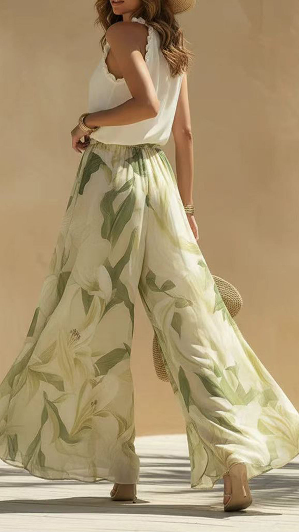🔥Women’s Cotton-Blend Halter Ruffled Floral Wide-Leg Pants Set