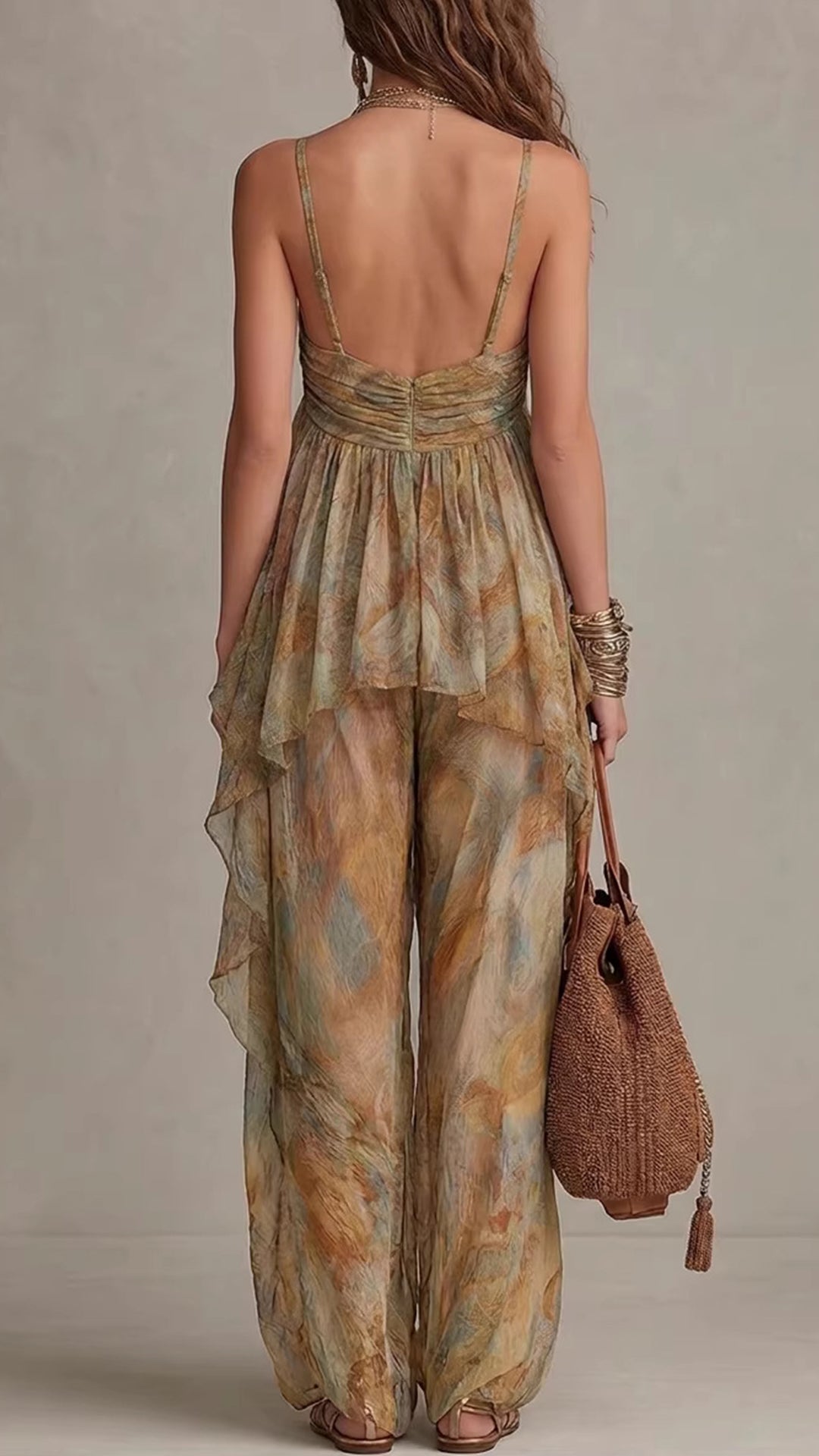 🔥Women’s Cotton-Blend Halter Printed Wide-Leg Pants Set