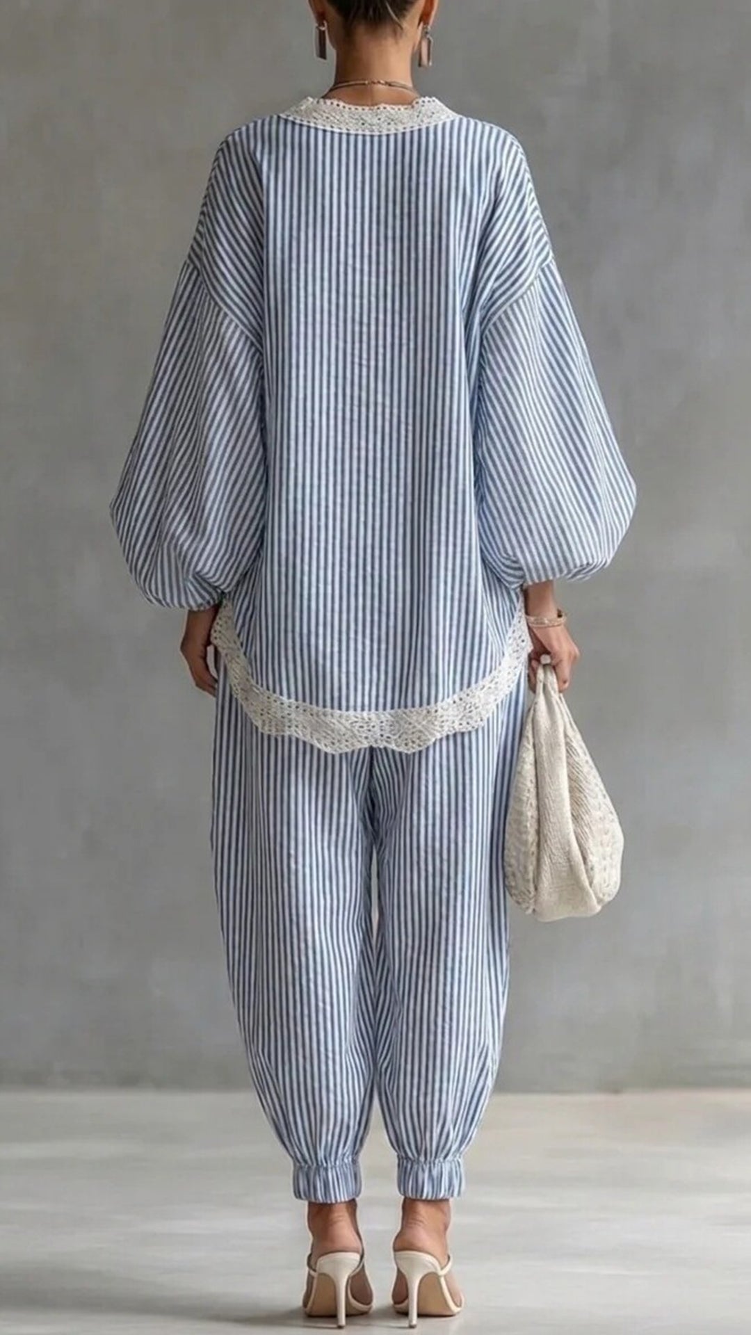Women’s Cotton-Blend Lace Trim Striped Wide-Leg Pants Set