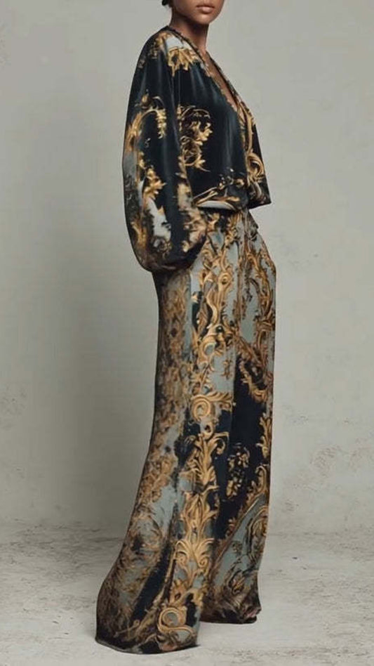 Women’s Cotton-Blend Baroque Print Wide-Leg Pants Set