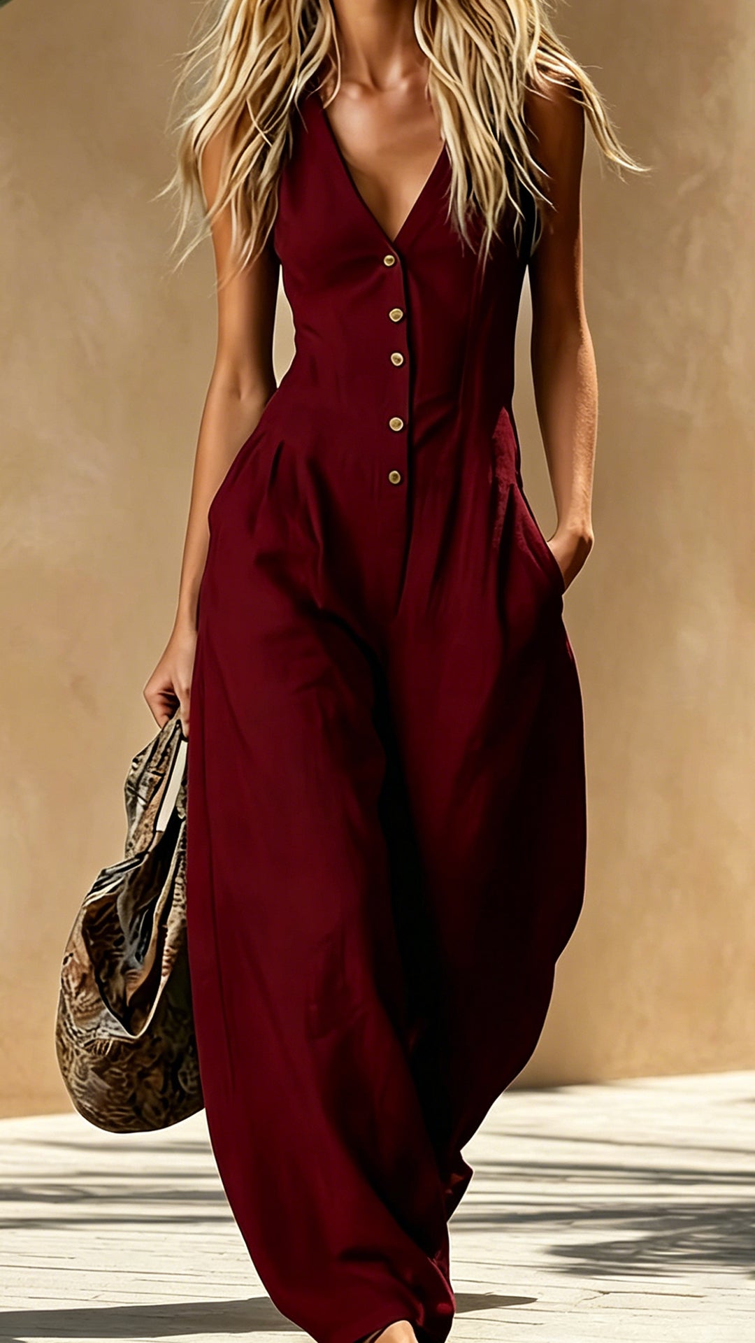 Women’s Cotton-Blend V-Neck Sleeveless Wide-Leg Jumpsuit