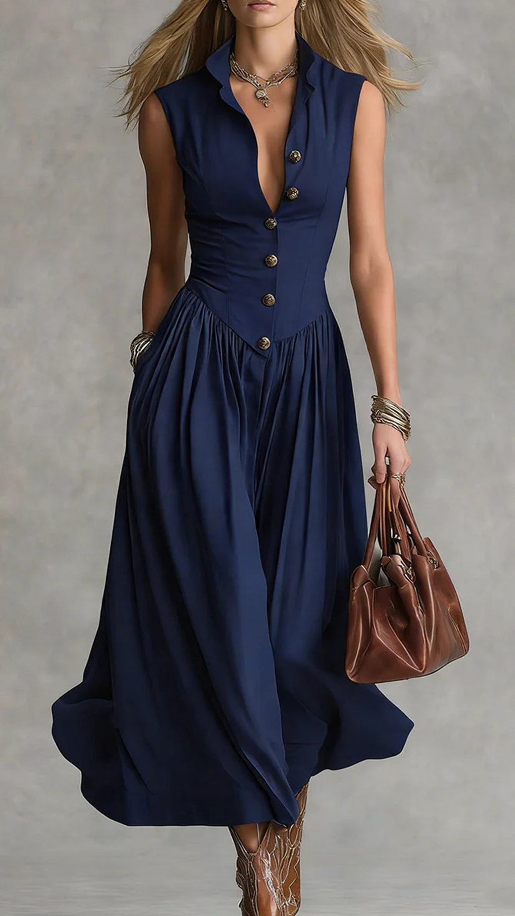 Women’s Cotton-Blend Waisted Sleeveless Shirtdress