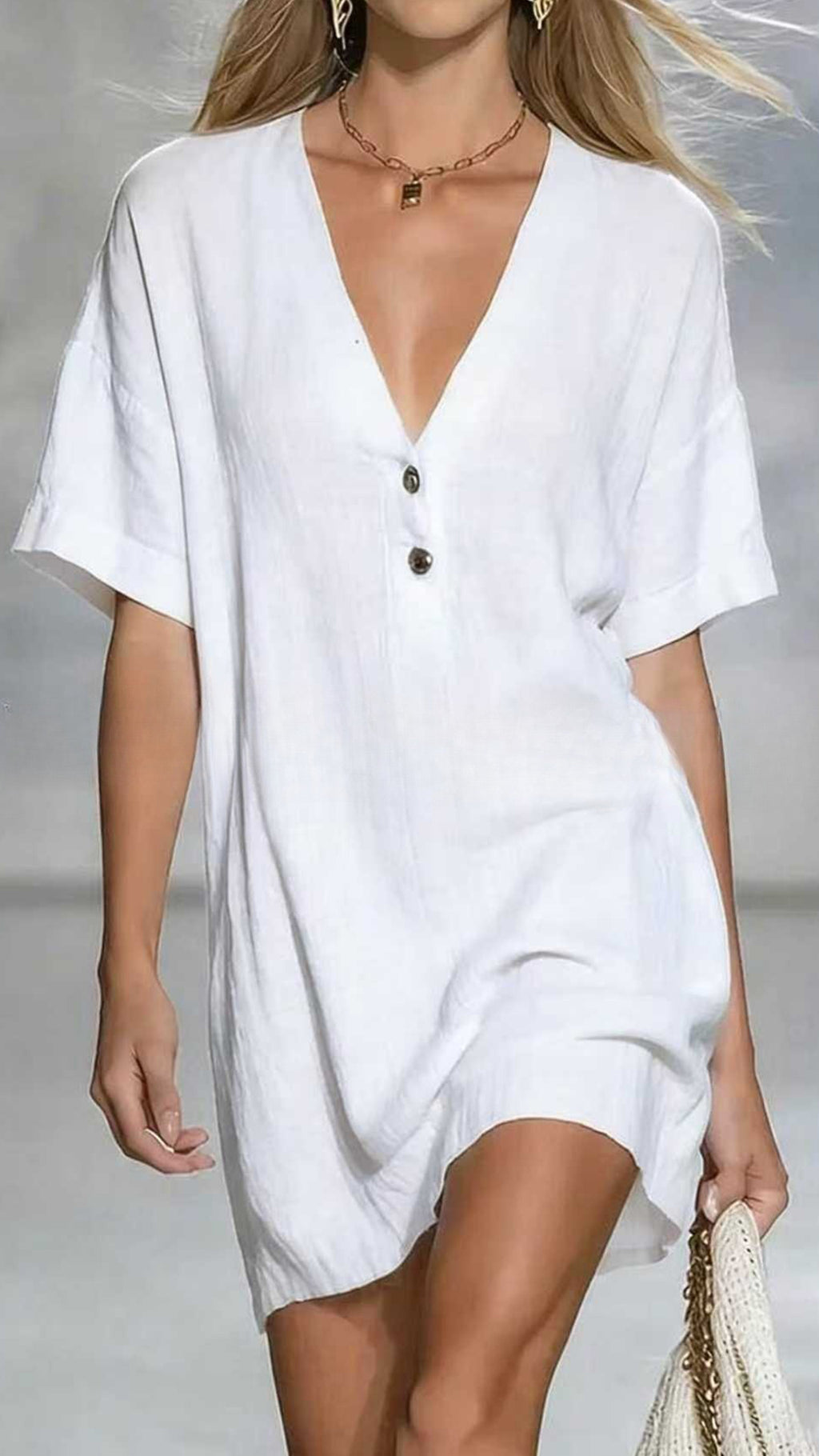 Women’s Linen-Cotton V-Neck Loose Shift Dress
