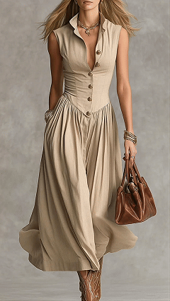 Women’s Cotton-Blend Waisted Sleeveless Shirtdress
