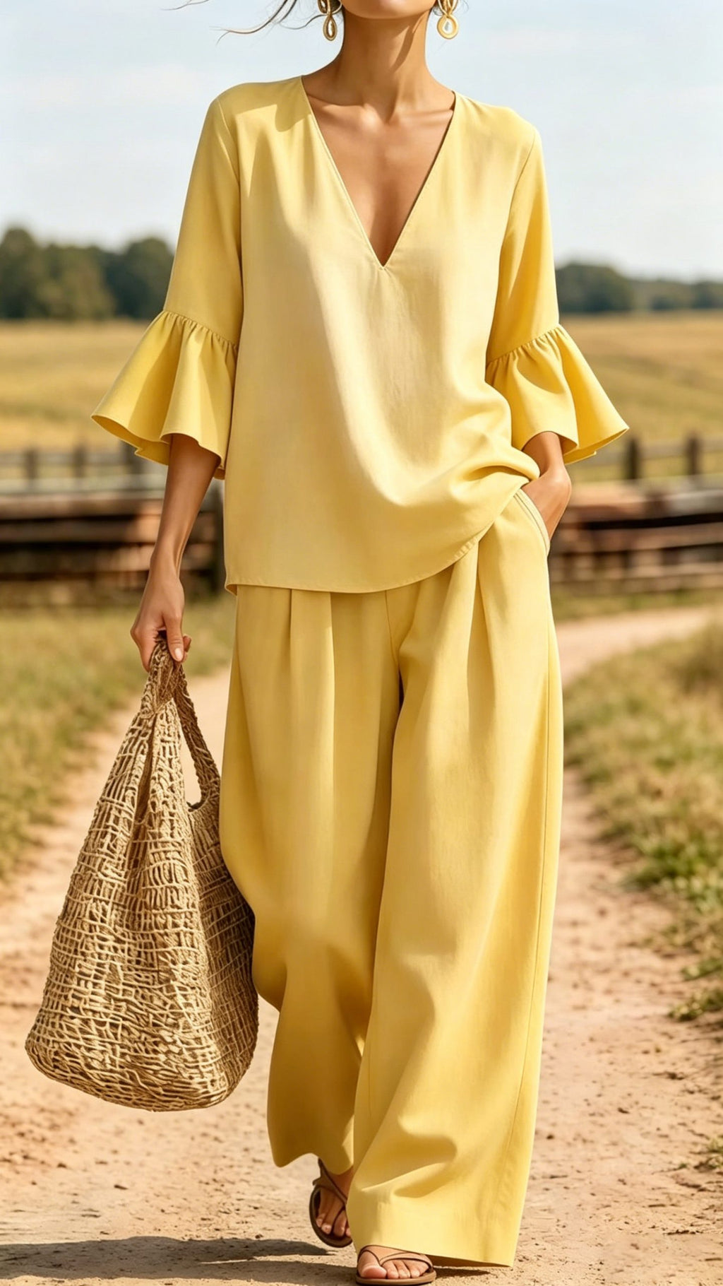 Women’s Casual & Comfortable Two-Piece Set: V-Neck Top with Ruffle Sleeves and Wide-Leg Pants