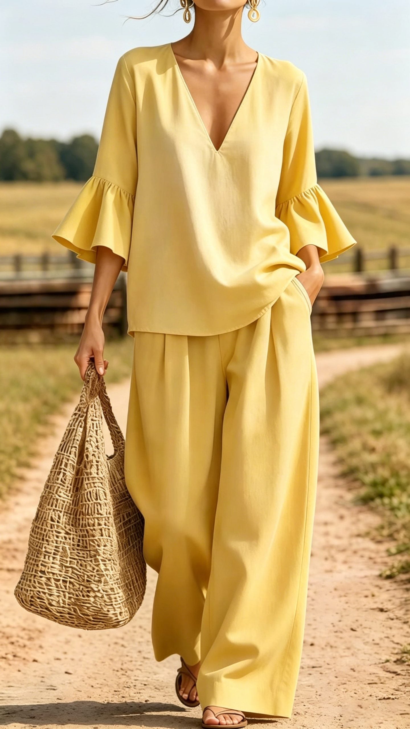 Women’s Casual & Comfortable Two-Piece Set: V-Neck Top with Ruffle Sleeves and Wide-Leg Pants