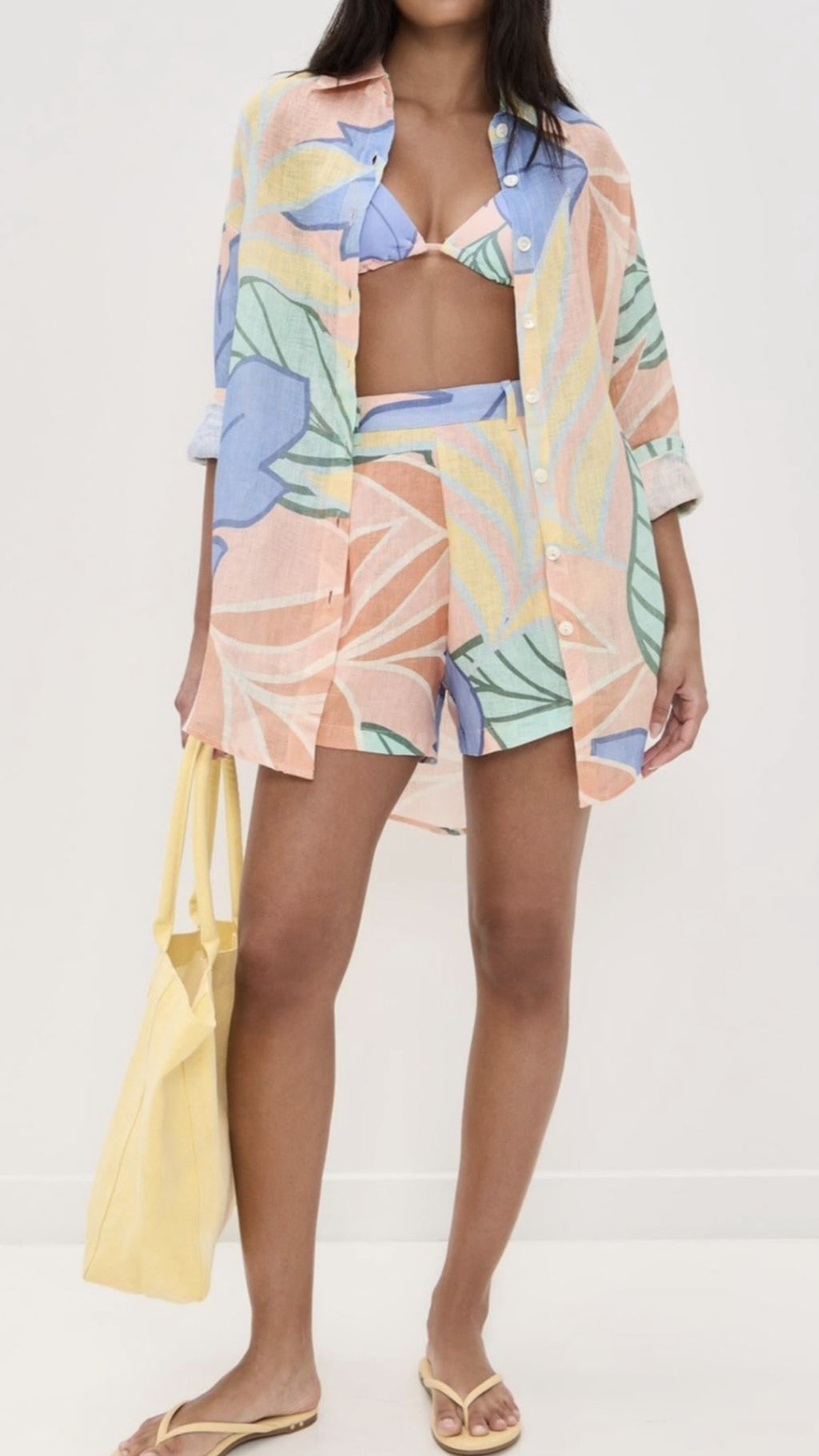 Women’s Cotton-Blend Tropical Print Shirt & Shorts Set