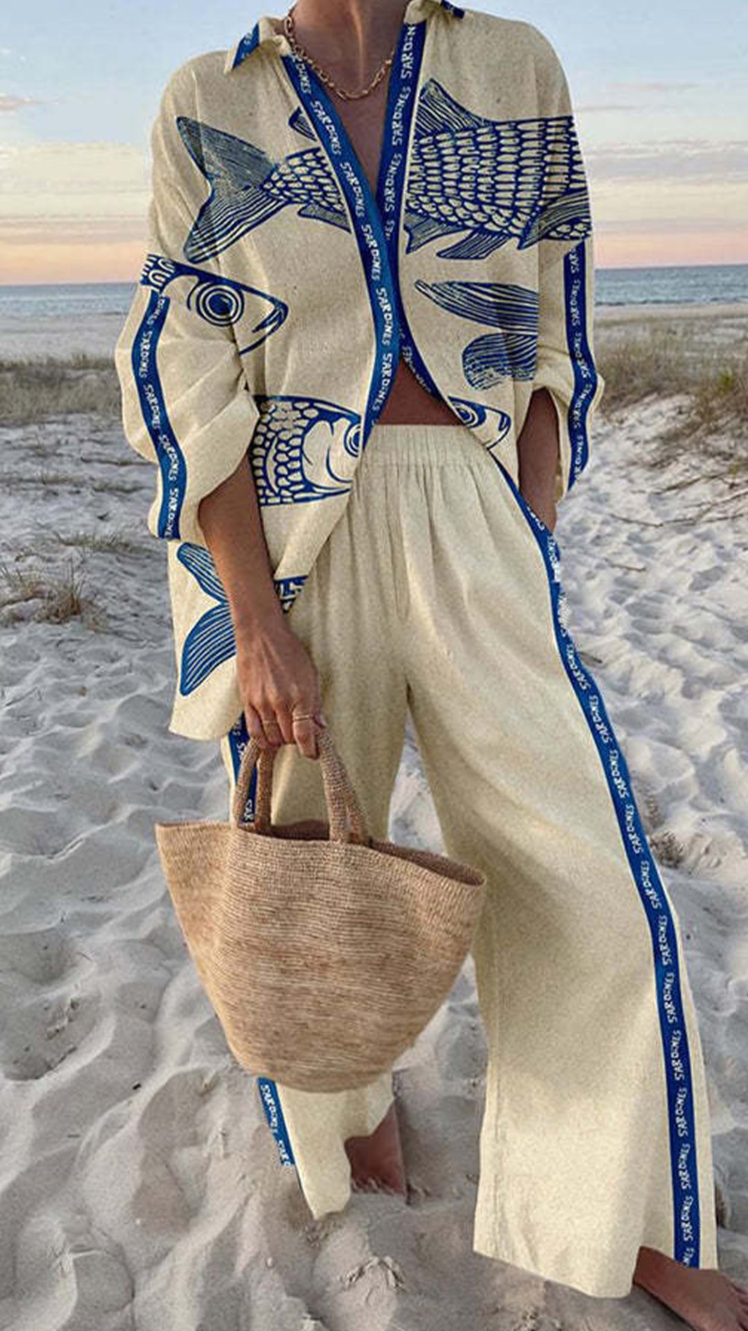 Women’s Cotton-Blend Ocean Print Shirt & Wide-Leg Pants Set