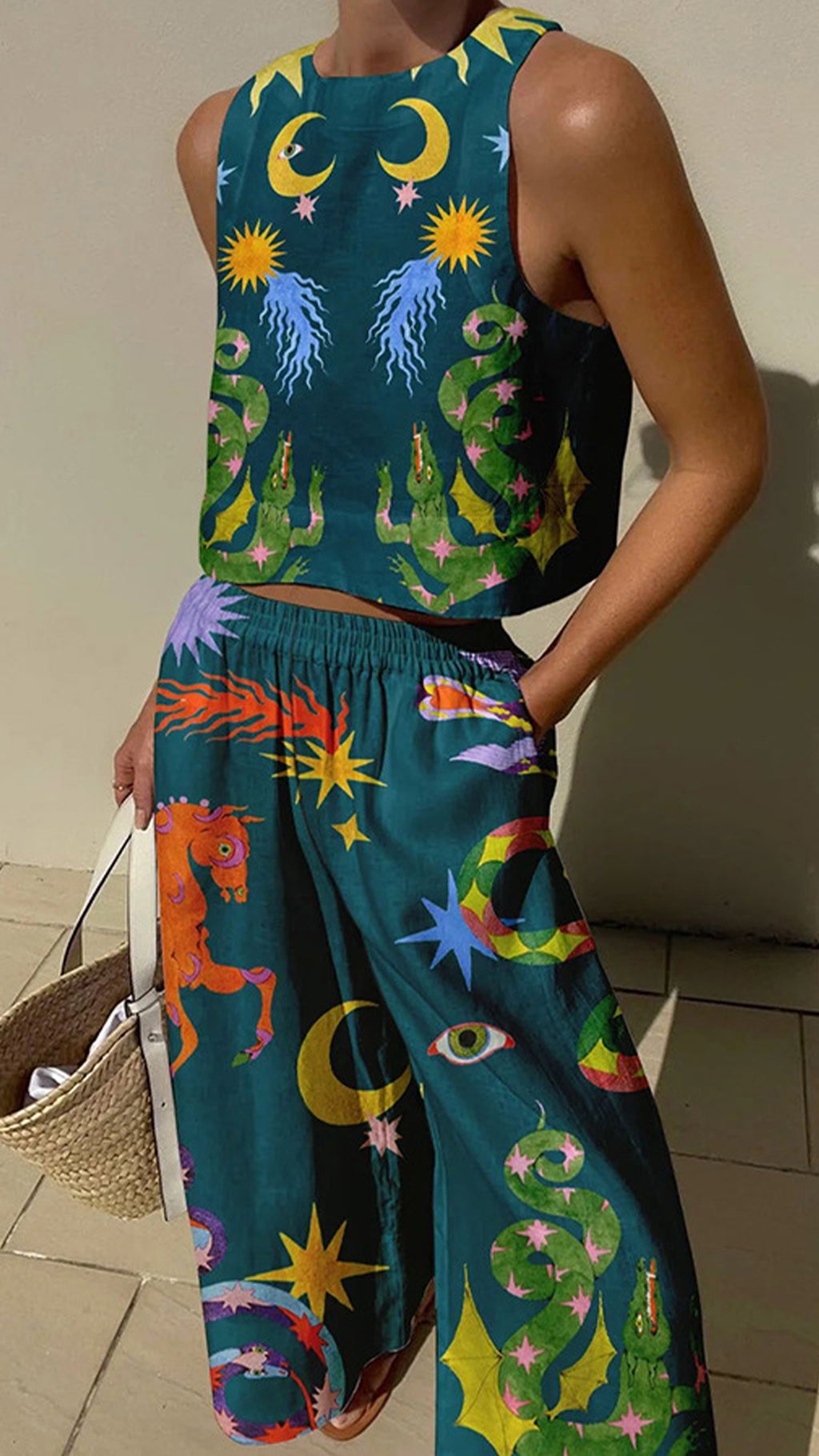Women’s Linen-Cotton Blend Whimsical Print Tank Top & Wide-Leg Pants Set